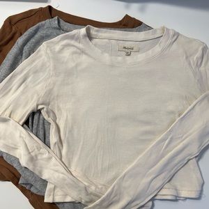 Set of THREE Madewell Fine Ribbed Supercrop Crewneck Long-Sleeve Tees